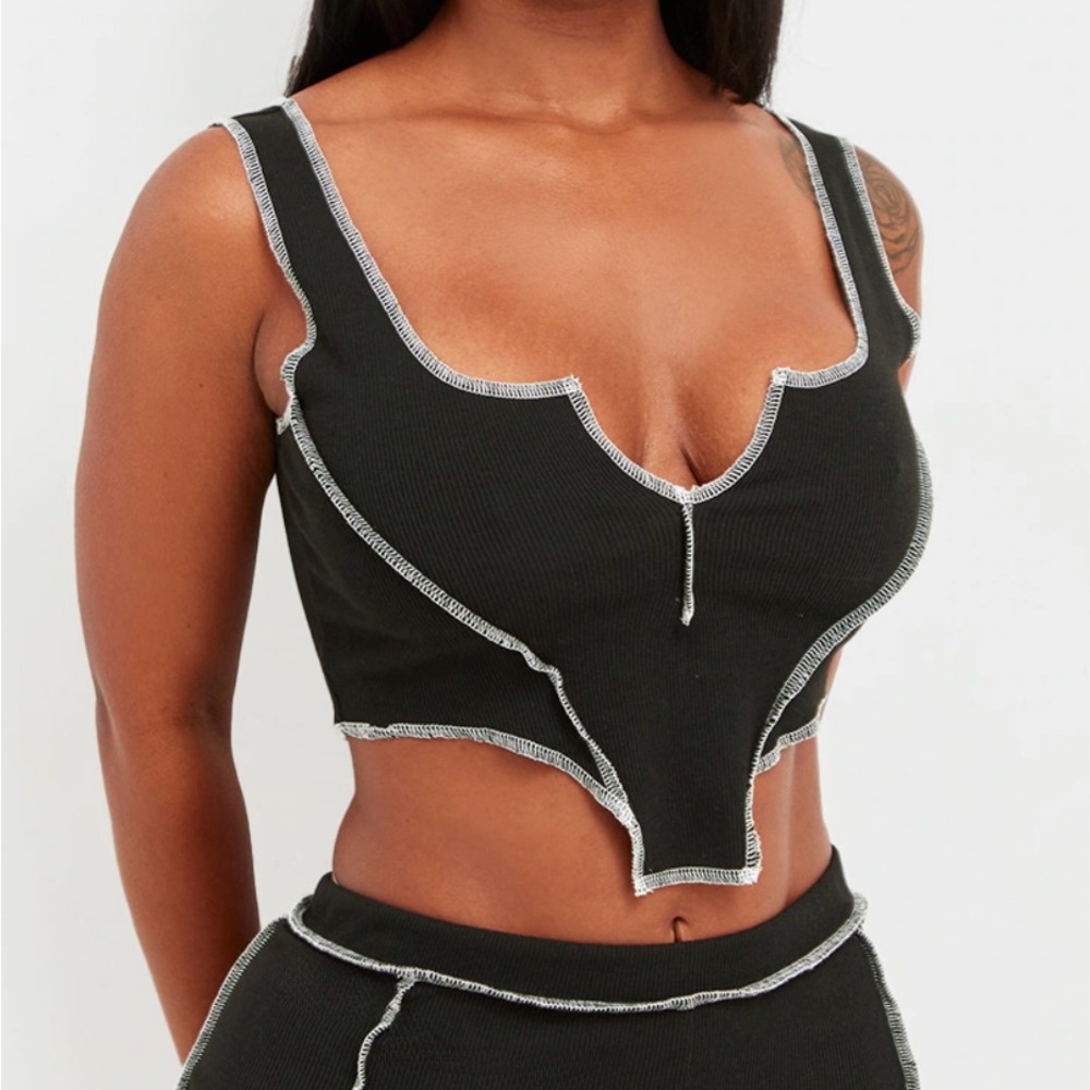 PLT Contrast stitched Ribbed crop top Black Size 8 NWT